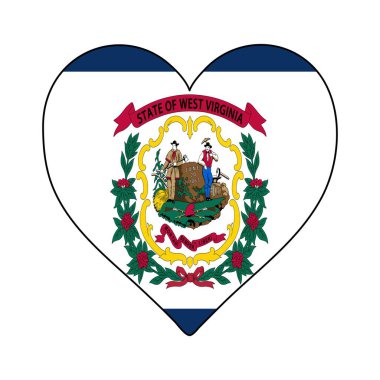 Batı Virginia Kalp Şekli Bayrağı. Batı Virginia 'yı seviyorum. Batı Virginia 'yı ziyaret et. Kuzey Amerika. Amerika. Vektör İllüstrasyon Grafik Tasarımı.