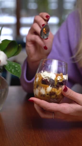 Woman Eats Trifle Dessert Restaurant — Stock Video