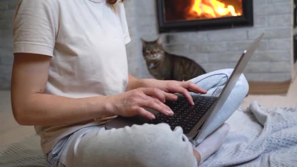Kobieta Wykonująca Jakąś Pracę Pisząca Laptopie Siedząc Podłodze Przy Kominku — Wideo stockowe
