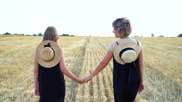 Lánya Anyja Kéz Kézben Sétálnak Mezőn — Stock videók