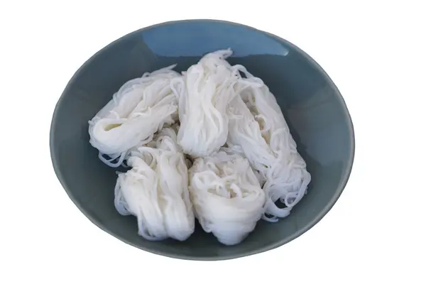 Homemade White Rice Noodle Khanom Jeen Thai Ceramic Dish Isolated — Stock Photo, Image