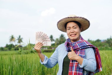 Asyalı çiftçi kadın çeltik tarlasında, Tayland paralarını elinde tutuyor. Çiftçi, kar, gelir ve tarımla para kazanmaktan mutlu. Ekinlerle gurur duyuyorum..                   