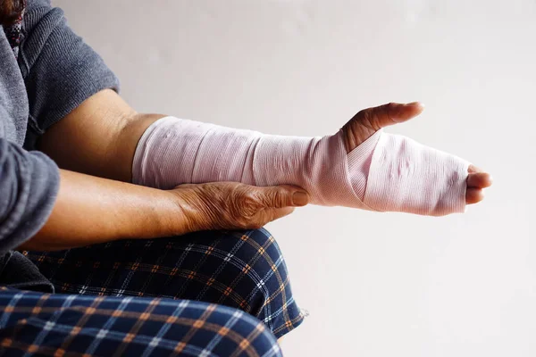 Closeup Hand Wrapped Bandage Sprain Wrist Injury Arm Treatment Concept — Stock Photo, Image