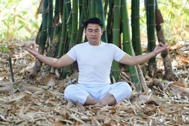 Beyaz adetli Budist Asyalı bir adamın portresi ormanda huzur içinde meditasyon yapıyor. Gözlerini kapat, konsantre ol, kendini özgür ve sakin hisset. Erdem, saf akıl, zeka kavramı   