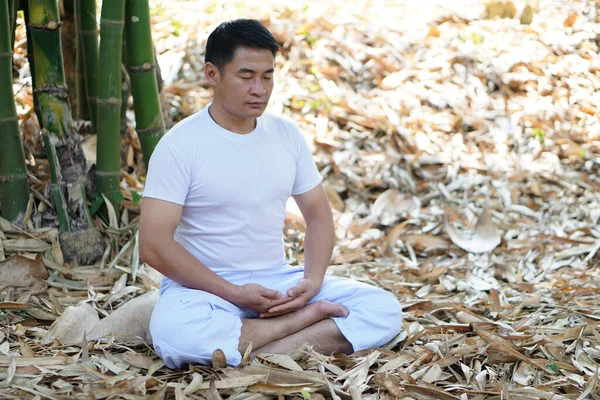 Retrato Del Hombre Budista Asiático Costumbre Blanca Haciendo Meditación Naturaleza — Foto de Stock