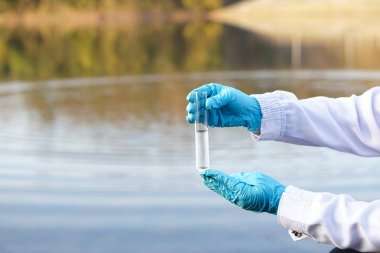 Closeup ecologist hands wears blue gloves holds test glass tube that contain sample water at the lake. Concept, explore, inspect quality of water from natural source.                     