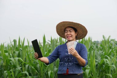 Asian female farmer wears hat, blue shirt, holds Thai banknote money and smart tablet at maize garden. Concept : Farmer gets agricultural supporting money via mobile app. Technology in agriculture.   