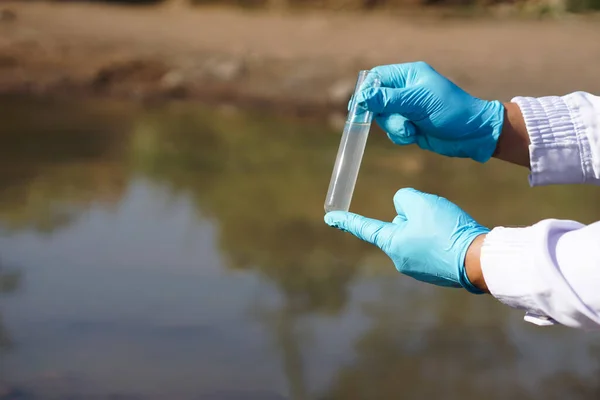 Closeup researcher hands wears blue gloves holds test glass tube that contain sample water from the lake. Concept, explore, inspect quality of water from natural source.