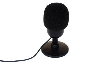 Black microphone, isolated on white background. Concept, technology device, microphone usb, useful for sound, voice recording, live streaming. On air, broadcasting.     