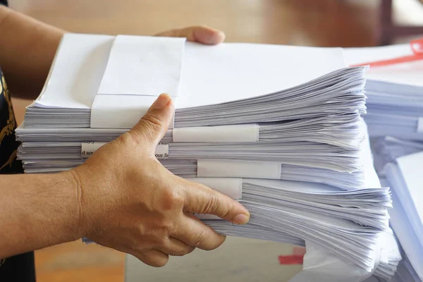 Closeup Hands Hold Stack Used Paper Recycle Combine Use Next — Stock Photo, Image
