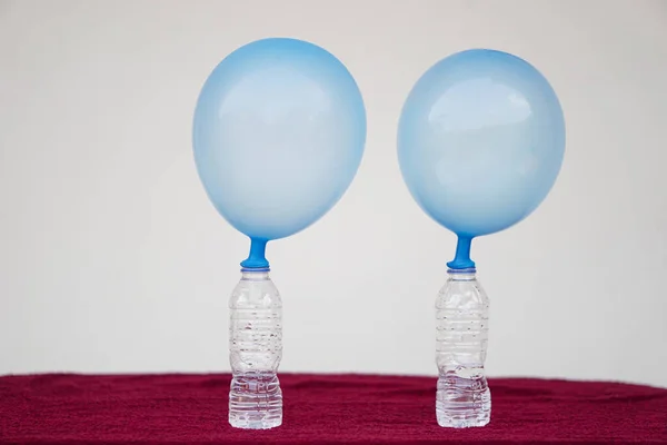 透明な試験瓶の上に青い膨らんだ風船 気球の膨脹を引き起こす化学物質 酢およびベーキングソーダの反応に関する概念 科学実験 実験の最後のステップ — ストック写真