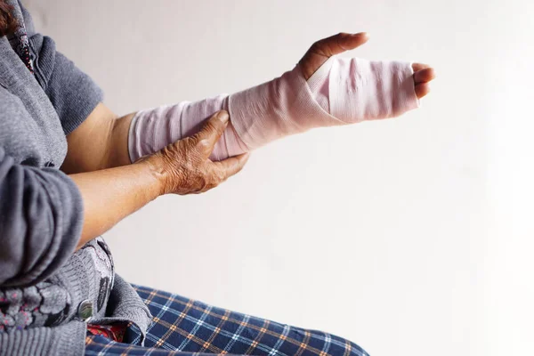 Closeup Hand Wrapped Bandage Sprain Wrist Injury Arm Treatment Concept — Stock Photo, Image