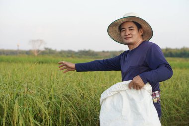 Handsome Asian man farmer is at paddy field, wears hat, holds white sack of organic fertilizer, feels confident. Concept, farmer satisfied in product for agriculture.     