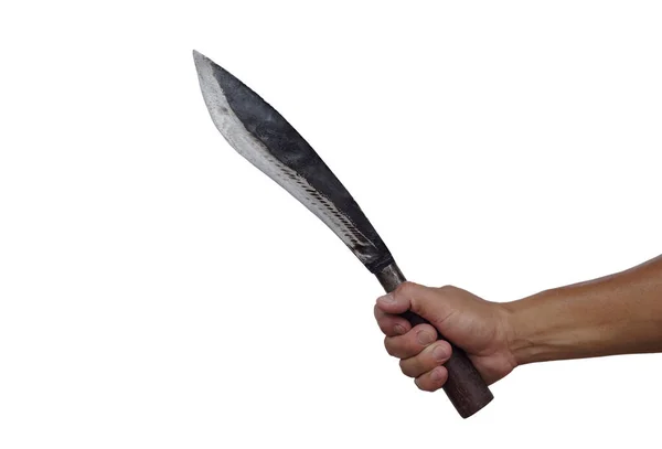 白を基調としたヴィンテージナイフを手を閉じます ツールや台所での機器 切り刻むために使用 狩猟として調理やその他の目的のために切断 タイのナイフ — ストック写真