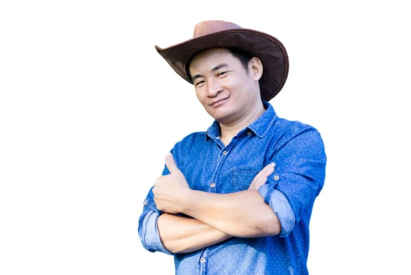 Schöner Asiatischer Mann Trägt Hut Blaues Hemd Verschränkte Arme Auf — Stockfoto
