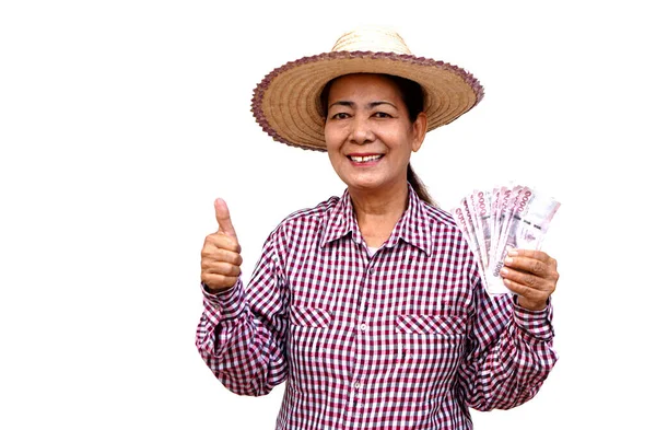 Feliz Anciana Agricultora Lleva Sombrero Camisa Cuadros Tiene Billetes Tailandeses — Foto de Stock