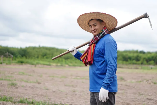 アジアの男の農家は農業の土地にあり 帽子をかぶって 青いシャツを着て 肩に蹄を保持しています 化学物質はない 除草剤の代わりに伝統的な手動ツールを使用してください 汚染ゼロ — ストック写真