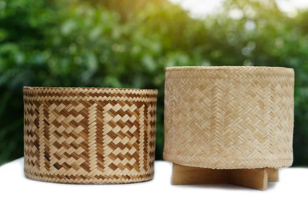 Caixa Arroz Bambu Tecido Forma Cilindro Para Conter Arroz Pegajoso — Fotografia de Stock