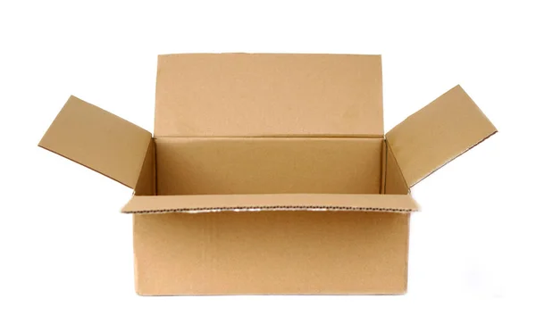 空の茶色の紙の段ボール箱 開いて 白い背景に隔離された コンセプト パッケージ 小包ボックス 配送事業又は産業工場の用途の多様化 — ストック写真