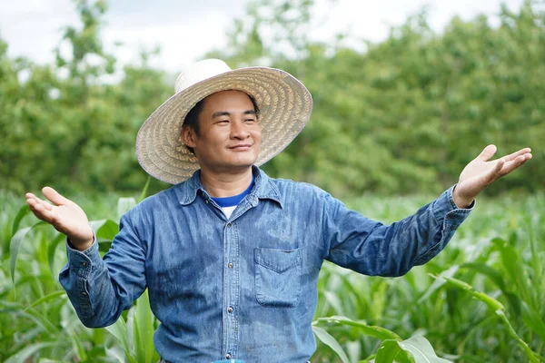 Šťastný Asijský Muž Farmář Zahradě Nosit Klobouk Modrá Košile Aby — Stock fotografie