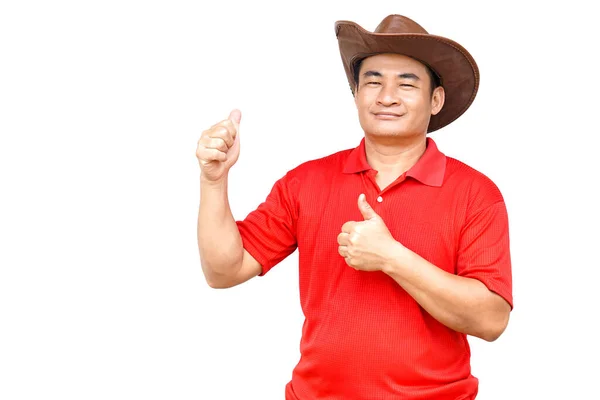 英俊的亚洲中年男子头戴帽子 竖起大拇指 被白色背景隔离 — 图库照片