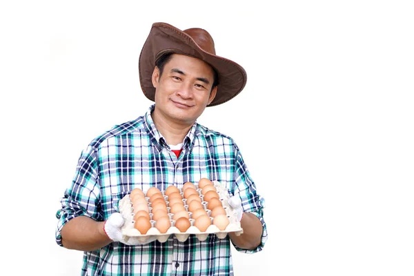 Schöner Asiatischer Mann Trägt Hut Kariertes Hemd Hält Tablett Mit — Stockfoto
