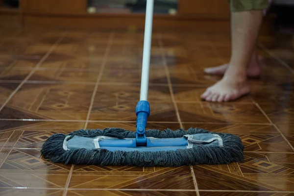 Close Man Use Mop Mop Floor Concept Household Chore Daily — Stock Photo, Image