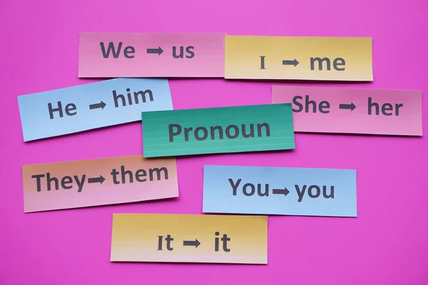 Colorful paper word cards for teaching Pronoun  in English with printed words. Concept, language teaching materials. Grammar teaching.