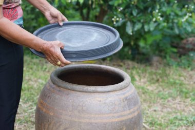 Sivrisineklerden korunmak için su kavanozunun kapağını kapalı tutan eller içinde üremek için ya da diğer böcekler ya da tozlar suya girer. Kavram, sivrisinekleri durdurma kampanyası su kabına yumurta bırakmak için döngü