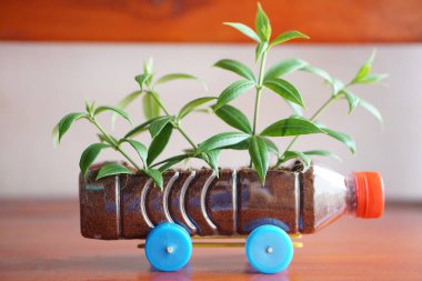 Plastik şişe ve kapaklardan yapılmış bitki yetiştiren DIY arabası. Kavram, geri dönüşüm el sanatlarından Seedling. Plastik çöpü azalt, yeniden kullan ve geri dönüştür  