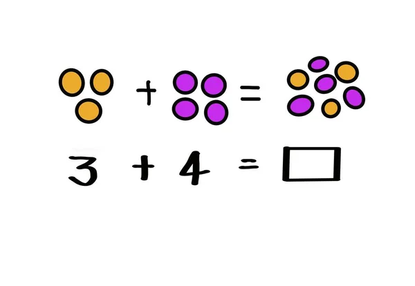 Numbers plus with drawing colorful stones to represent numbers for counting numbers and find answer. Concept, mathematics teaching aids about addition. Easy maths problems for kindergarten kids.