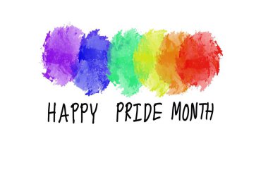Renkli gökkuşağı renkleri ve Mutlu Gurur Ayı metni. Haziran 'da tüm dünyada LGBT topluluğunun kutlama sembolü olan kavram. İnsan cinsiyet çeşitliliğini destekle.