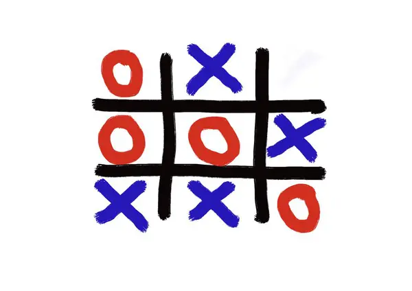Tic Tac toe ya da Noughts and Cross oyununun el çizimi resmi. Kırmızı 0 'a, mavi X' e, siyah ızgara hattı, beyaz arka plan. Kavram, beyin pratiği. Klasik oyun problem çözmede becerilere katkıda bulunur