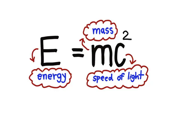 Handwritten font of Physics formula . Energy equals mass times the speed of light squared, white background. Concept, education. Einstein\'s theory of relativity of mass and energy.Teaching aids.
