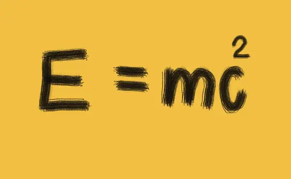 Handwritten font of Physics formula . Energy equals mass times the speed of light squared, yellow background. Concept, education. Einstein\'s theory of relativity of mass and energy.Teaching aids.