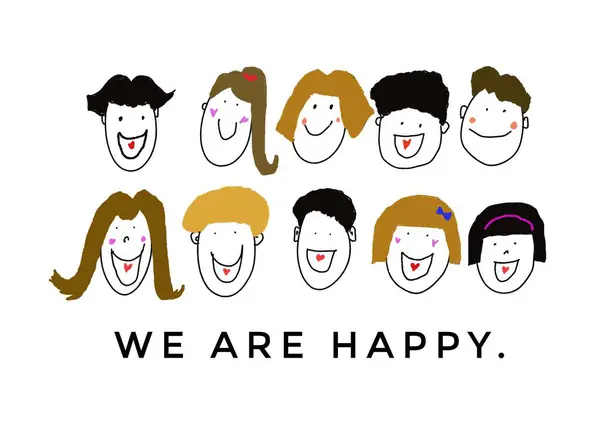 Cute human cartoons, diversity characters of happy faces expressions with text We are happy. Hand drawn on white background. Concept, Positive feelings and emotions. Happy moment together.