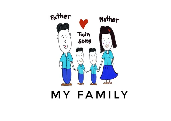 Hand drawn picture, Cute human cartoons characters of father, mother and twin sons, hold hands. Concept, warm and happy family. Illustration for using as teaching aids or design for decoration.