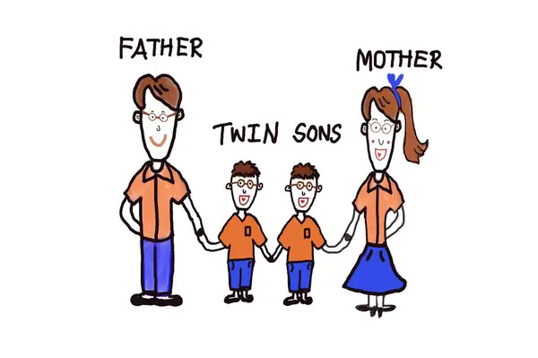 Hand drawn picture, Cute human cartoons characters of father, mother and twin daughters, hold hands. Concept, warm and happy family. Illustration for using as teaching aids or design for decoration.