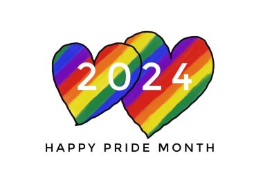 Mutlu Onur Ayı 2024. Gökkuşağının renkleri kalpleri. Beyaz arka plan. Haziran 'da tüm dünyada LGBT topluluğunun kutlama sembolü olan kavram. İnsanların cinsiyet çeşitliliğini destekleyin. Tebrik kartı.