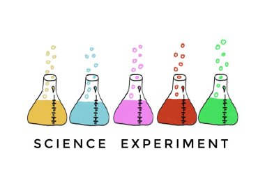 Test tüplerinde renkli kimyasal maddeler var. Bilim deneyi. El çizimi resim. Konsept, eğitim, fen dersi, kimya dersi. Öğretmenlik yardımı olarak kullanılacak illüstrasyon, dekorasyon için tasarım.