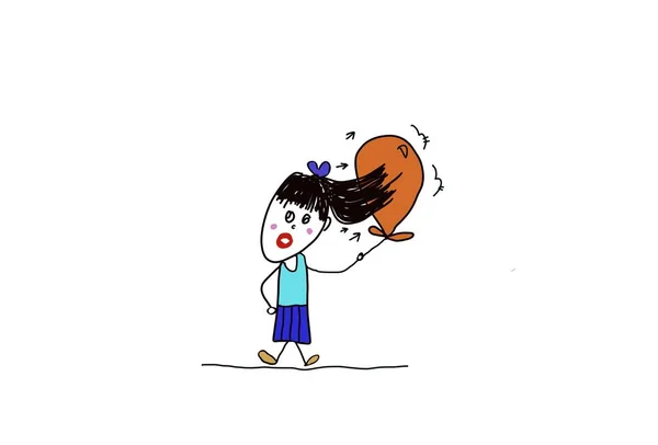 Static electricity experiment. Hand drawn picture . Girl holds balloon, her hair point up, attach the balloon. Concept, science experiment lesson. Education illustration  for using as teaching aids.