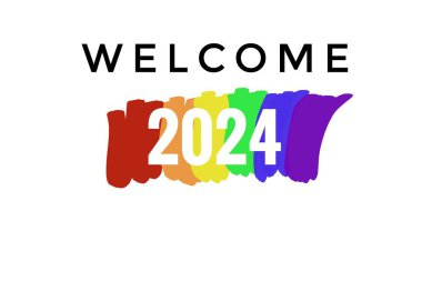 Gökkuşağı renklerinin elle çizilmiş resmi 2024 'e hoş geldiniz. Beyaz arka plan. Haziran 'da tüm dünyada LGBT topluluğunun kutlama sembolü olan kavram. İnsan haklarını destekleyin. Tebrik kartı.