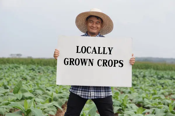 Asian farmer holds paper poster with text Locally Grown Crops in garden.Concept, Agriculture occupation. Organic farming, produce local vegetables, crops for sell in market.