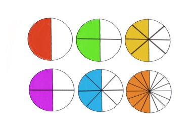 Math teaching materials about fraction. Circle hand drawn picture to show parts of color separation, white background. Concept, education. illustration as teaching aid in Math subject.                    