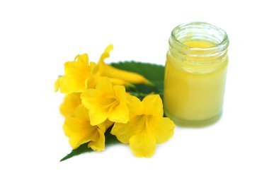 Bir şişe ev yapımı Tayland bitkisi merhemi. Sarı çiçeklerle süslenmiş. Kavram, Tayland yerel bilgeliği solunum cihazı ve masaj merhemi yapımında kullanmak için..        