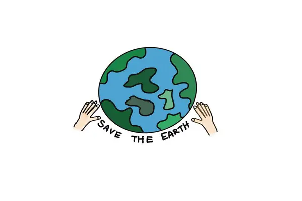 Hand drawn picture of globe and two hands. Save the Earth. Concept.Educational illustration. Teaching aid. Earth Day. Environment conservation lesson. Campaign for stop global warming activities.