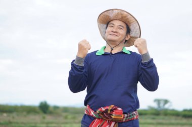 Yakışıklı Asyalı çiftçi tarım arazisinde duruyor, şapka takıyor, Tayland peştamalını beline takıyor, heyecan ve başarı ile yumruklarını kaldırıyor. Kavram, tarım işgali.                      