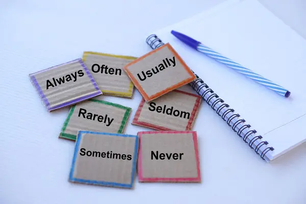 stock image Paper word cards with text; Always  Usually Often Sometimes Seldom Rarely Neven. Notebook and pen. Concept, Education materials. English grammar teaching. Education. Teaching aid.       