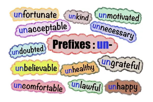 stock image Illustration for education about Prefixes : un-. Hand drawn colorful bubbles clouds with English vocabulary that begin the word with un. Concept English grammar teaching aid. Prefix lesson.