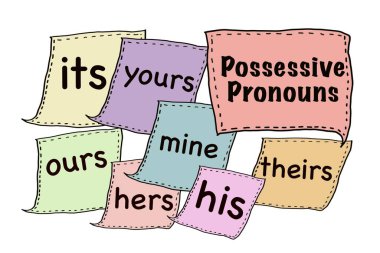 Possessive Pronouns 'la ilgili el çizimi kağıt pedlerin resmi. Seninki onunki onunki onunki. Eğitim için illüstrasyon. Konsept, İngilizce dil bilgisi dersi. Dil öğrenen öğrencilere yardım